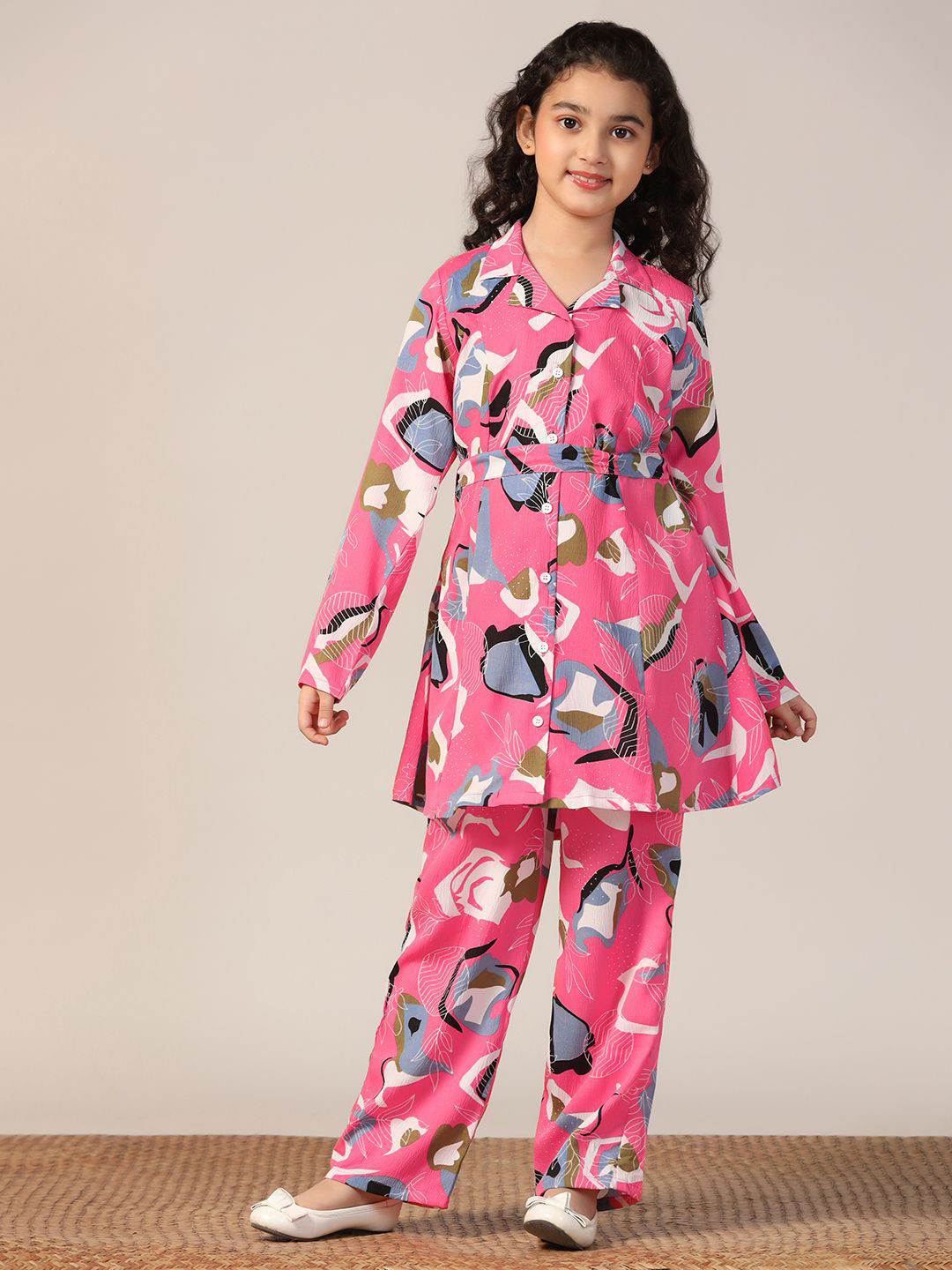 BAESD Girls Printed Shirt Collar Tunic With Trousers