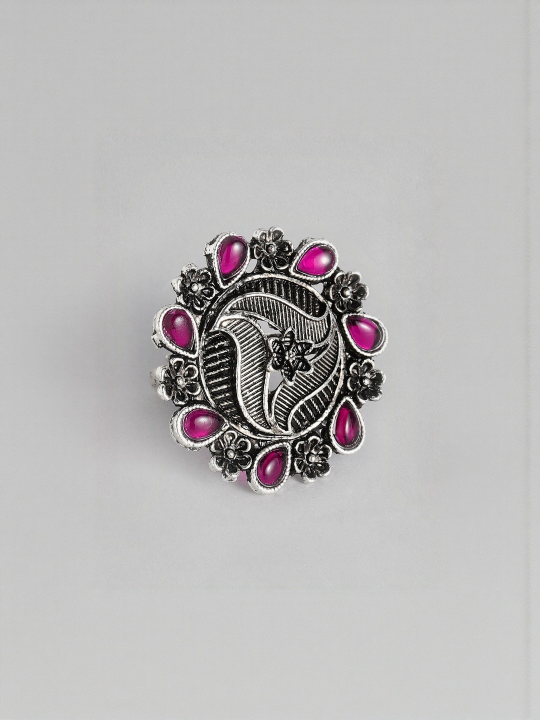 Anxvi Boho Chic Oxidised Silver-Plated Adjustable Finger Ring with Pink Stones
