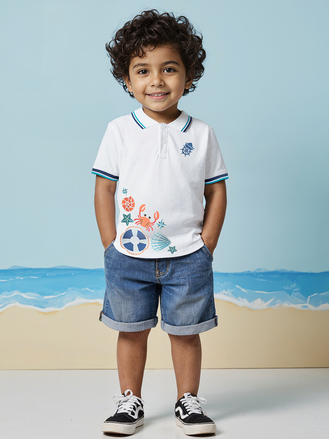 The Souled Store Boys Aloha Graphic Printed Polo Collar Embroidered Pure Cotton T-Shirt