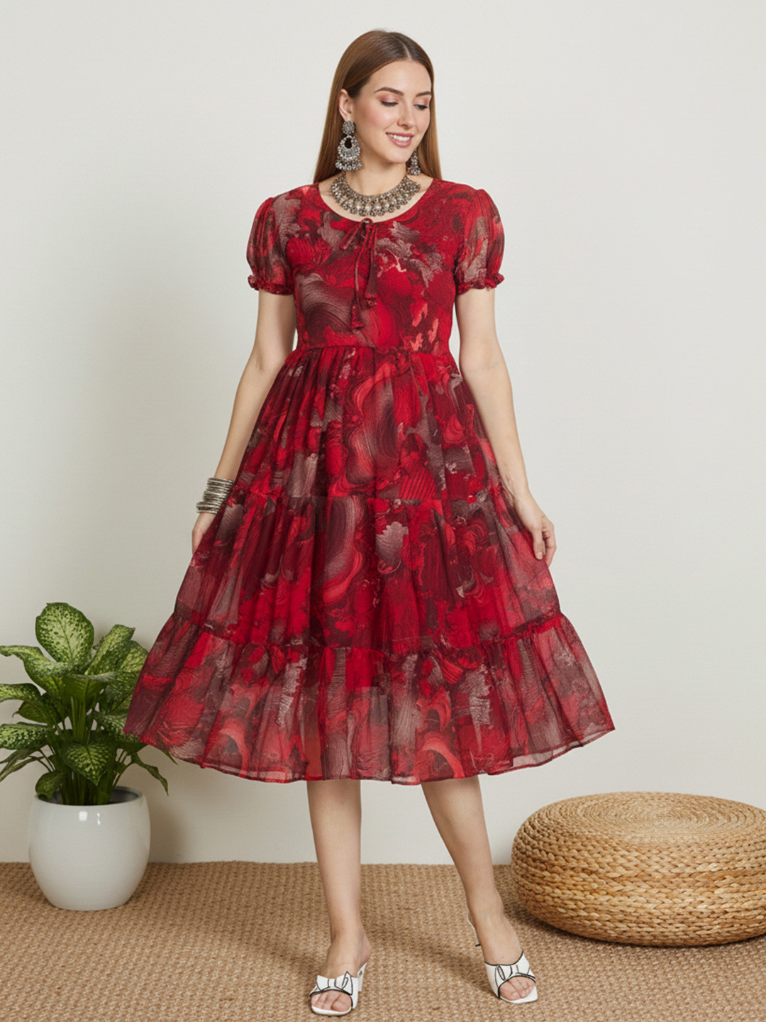 LIPS CROWN Women Tie and Dye Printed Puff Sleeve Fit & Flare Midi Dress
