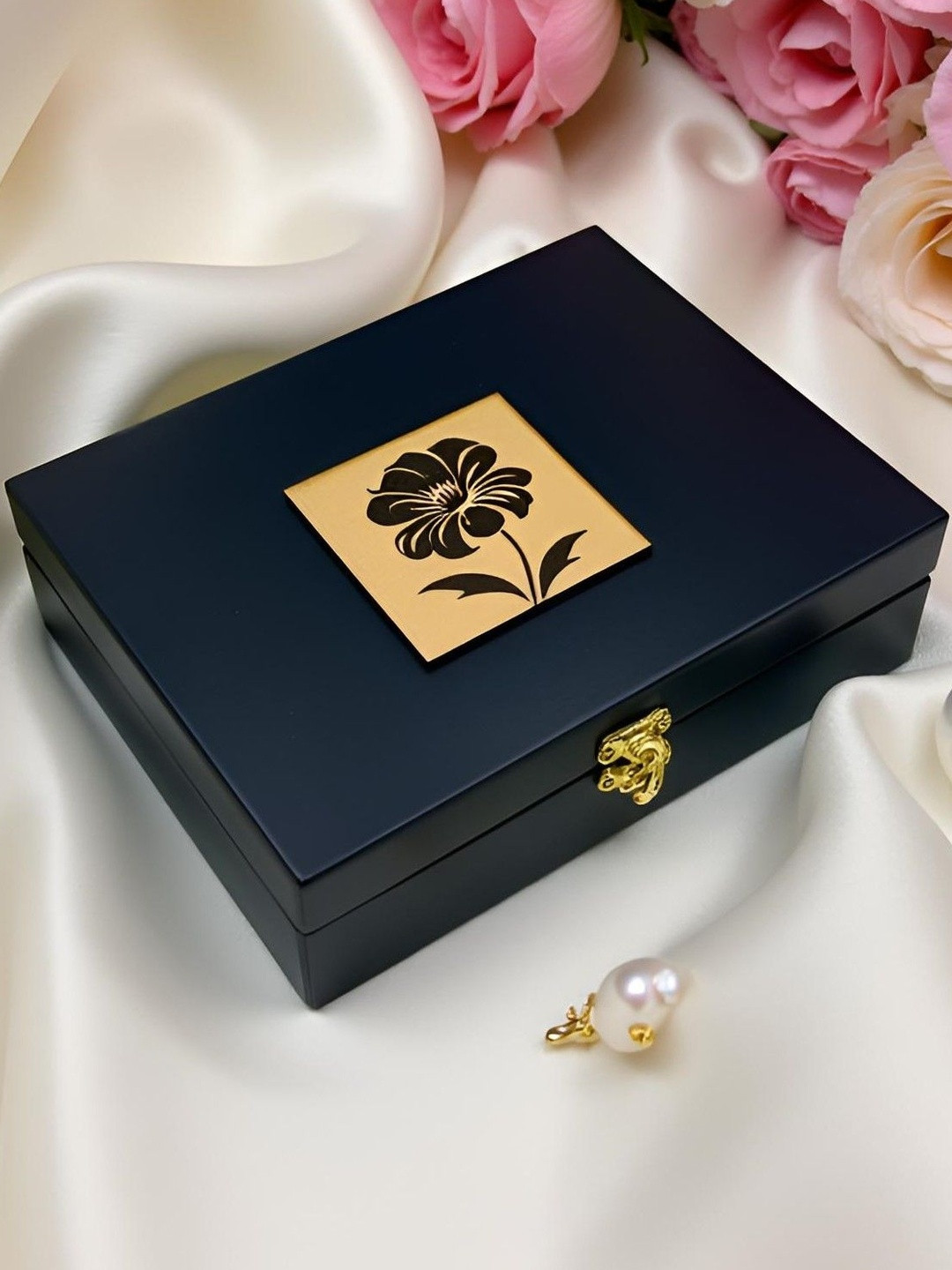 Angira handicrafts Black and Gold Wooden Storage Box With Velvet Interior