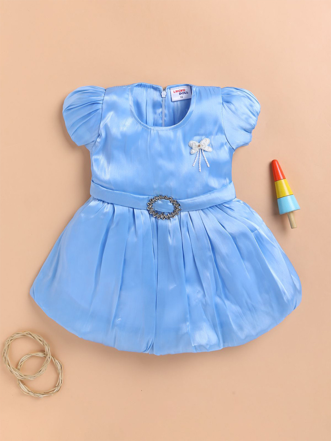 LACKii DOLL Girls Solid Puff Sleeve Satin Fit & Flare Dress