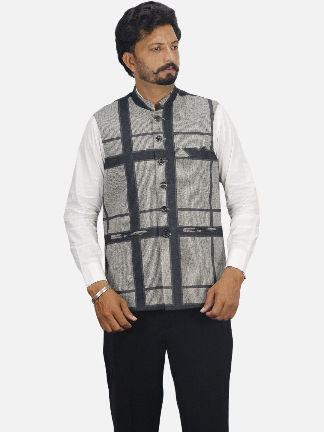 GARGIAN Master Cut Men Checked Stand Collar Open Front Jacket