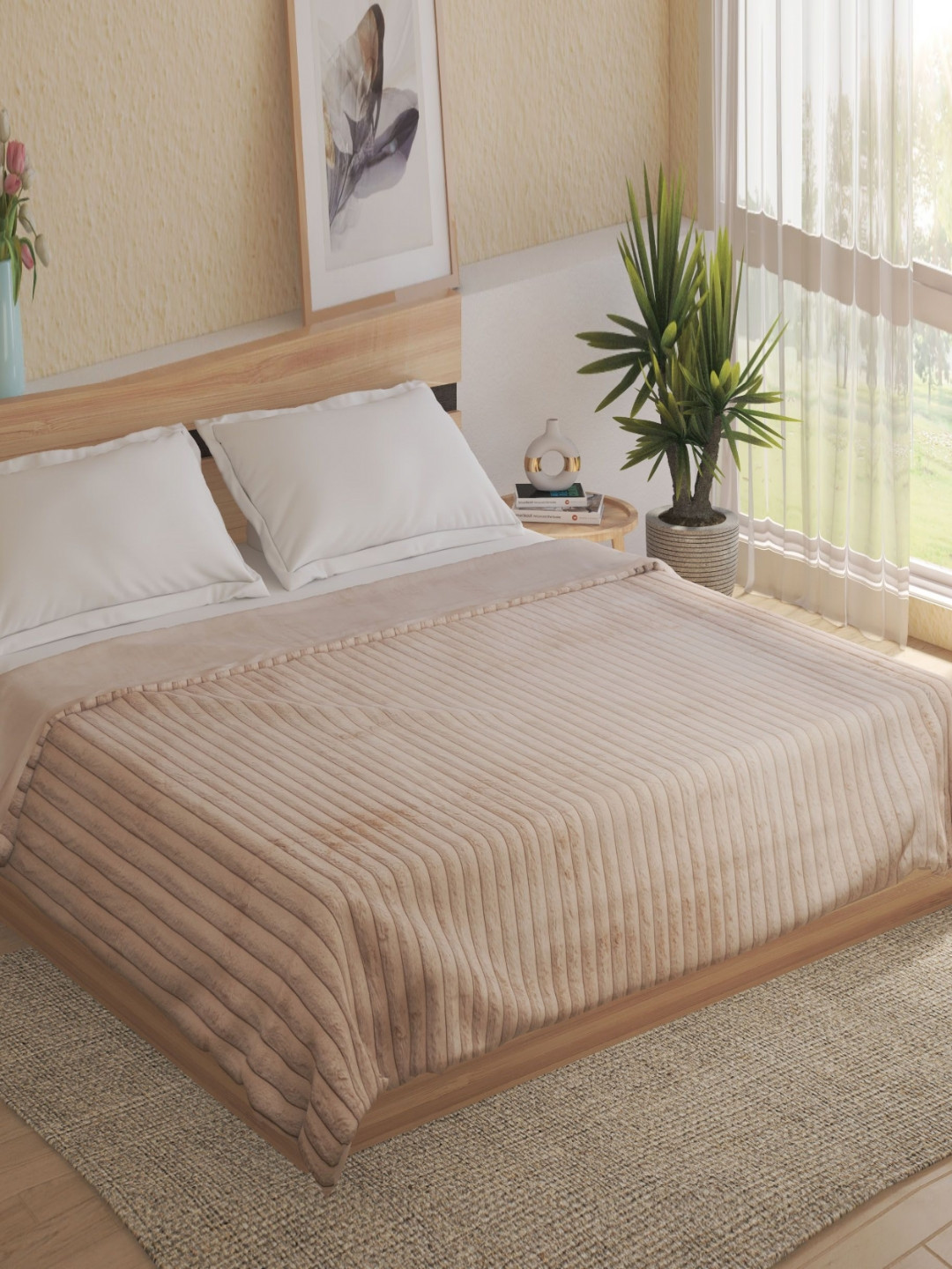 Home Centre Brown Striped AC Room 400 GSM Double Bed Blanket