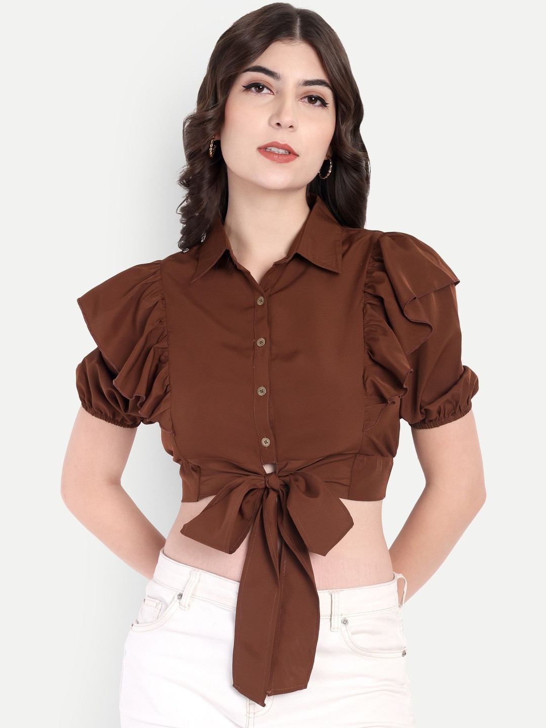 R.Code by The Roadster Life Co. Solid Waist Tie-Ups Puff Sleeve Crop Top