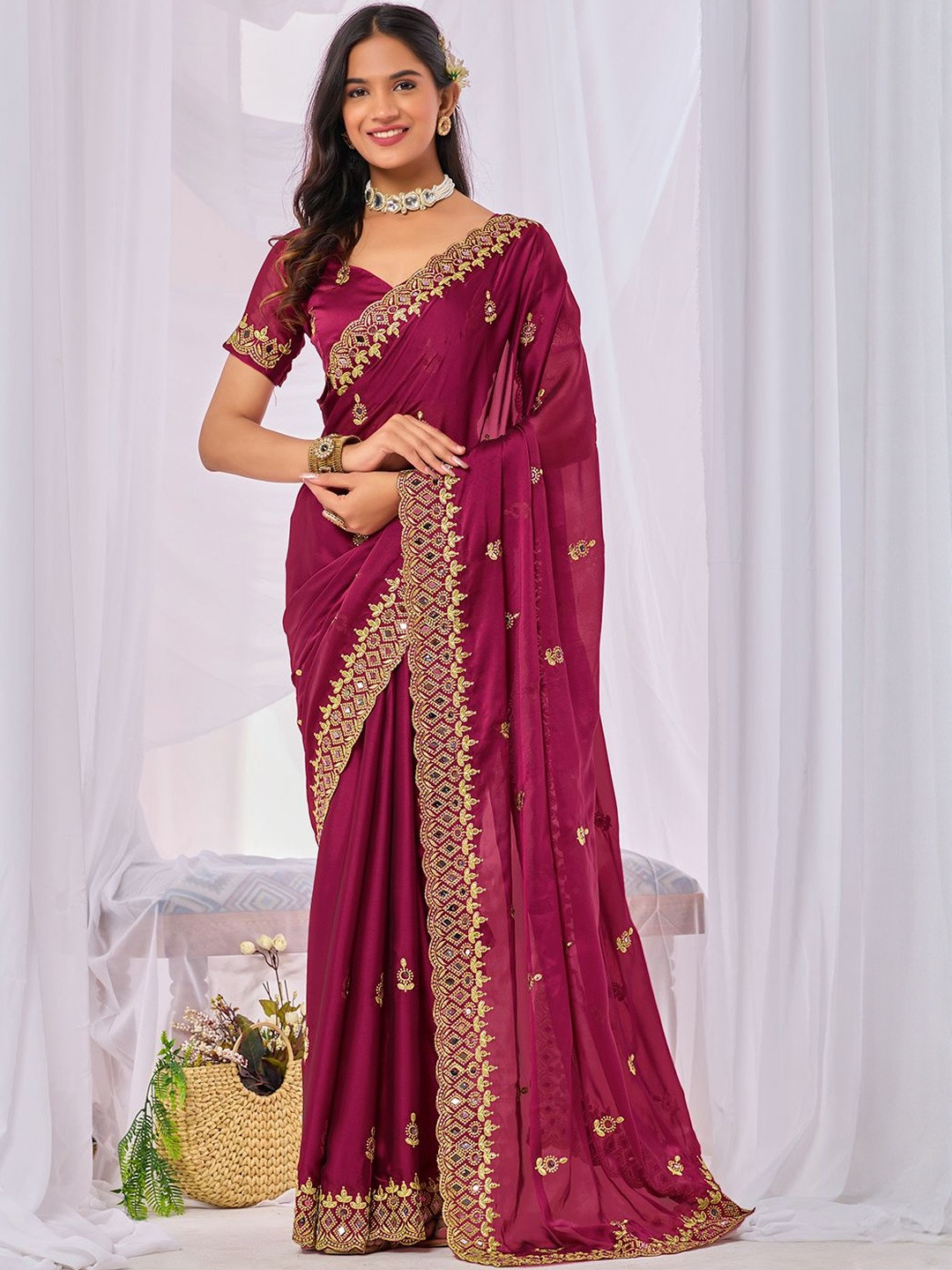 Prettyage Geometric Embroidered Mirror Work Silk Banarasi Saree With Unstiched Blouse