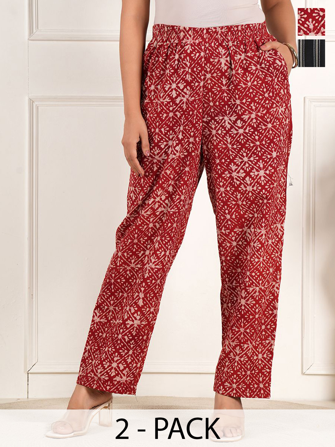 Style Shoes Women Pack Of 2 Abstract Printed Mid-Rise Flat-Front Cotton Regular Trousers