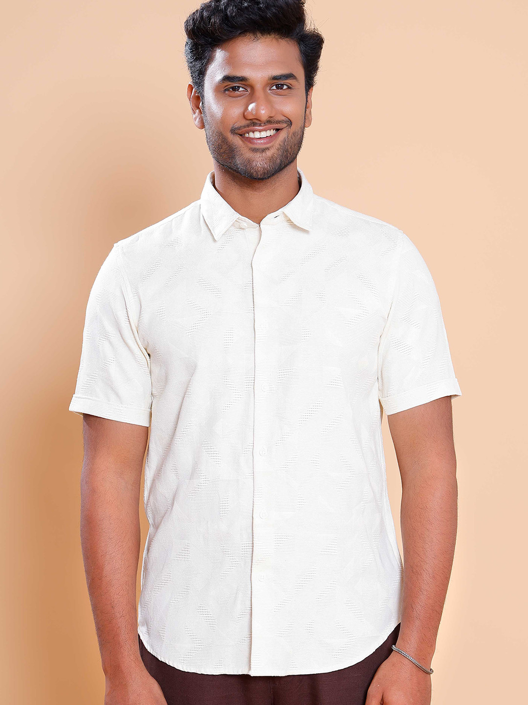 Native Bull Classic Self Design Spread Collar Cotton Shirt