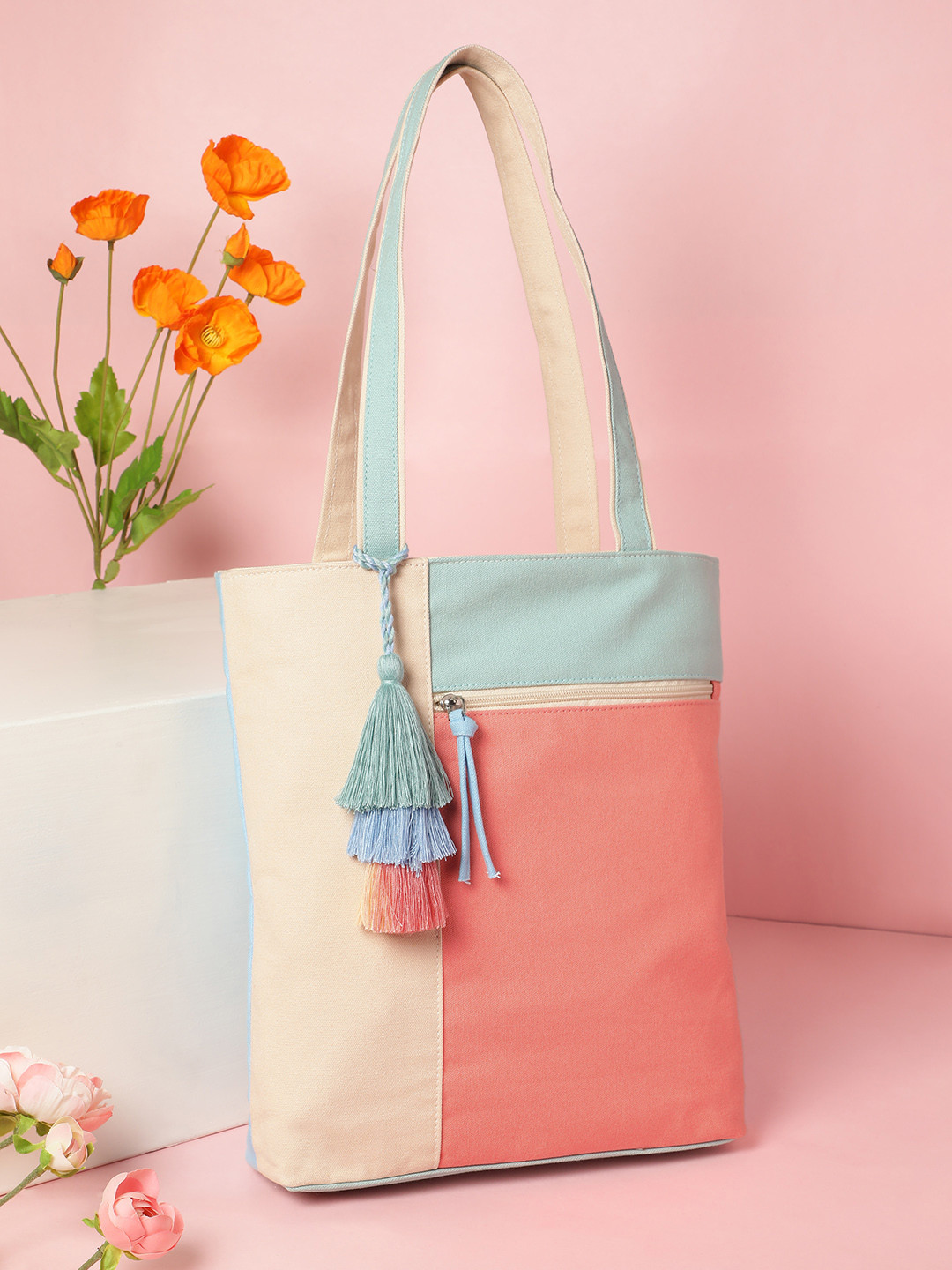 Anekaant Hue Coral Cotton Canvas Colourblocked Shoulder Bag