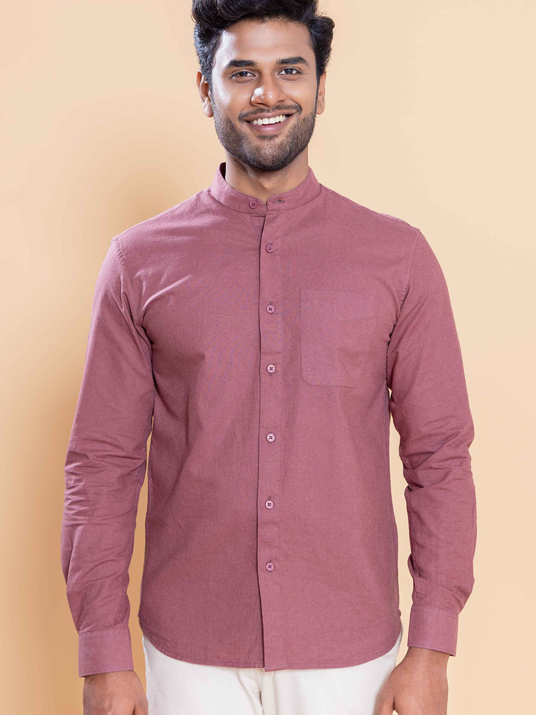 Native Bull Classic Band Collar Roll-Up Sleeves Shirt