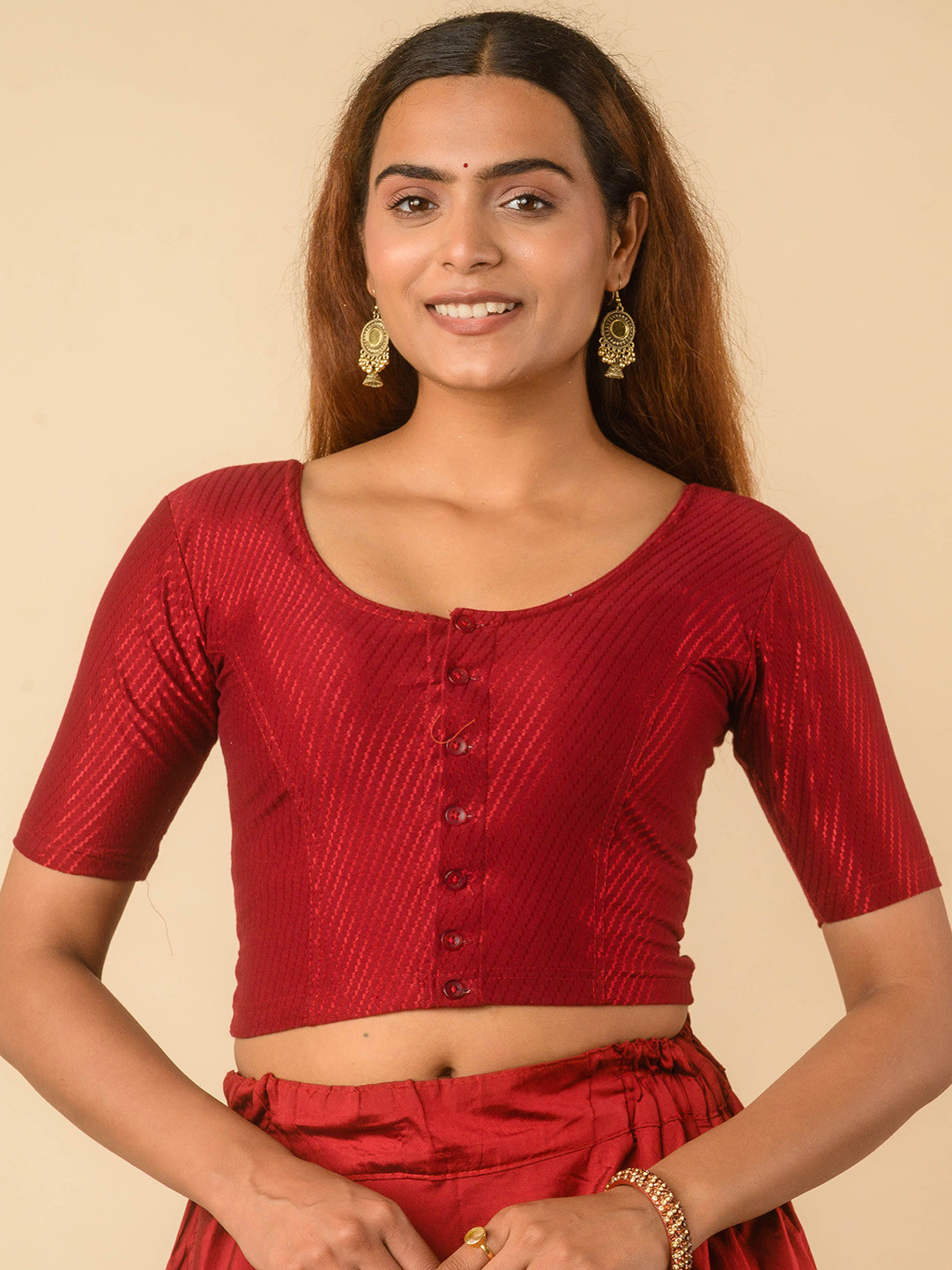 Bindigasm's Advi Round Neck Front opening Buttons Stretchable Readymade Saree Blouse