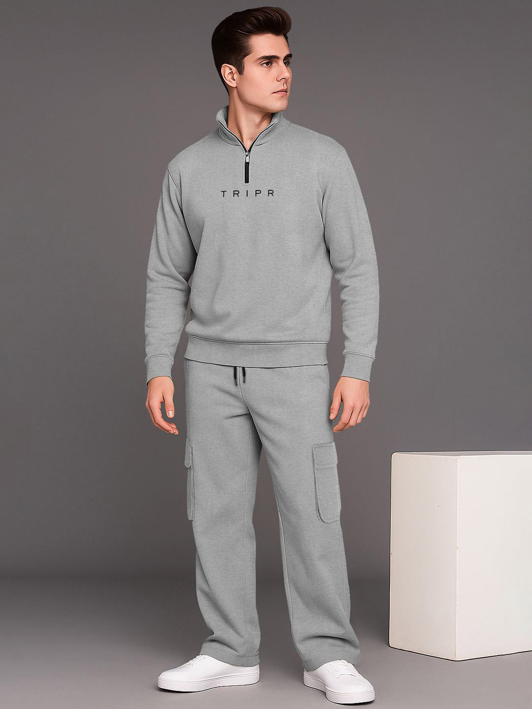 TRIPR Men Mock Collar Long Sleeve Sweatshirt With Cargo Tracksuits