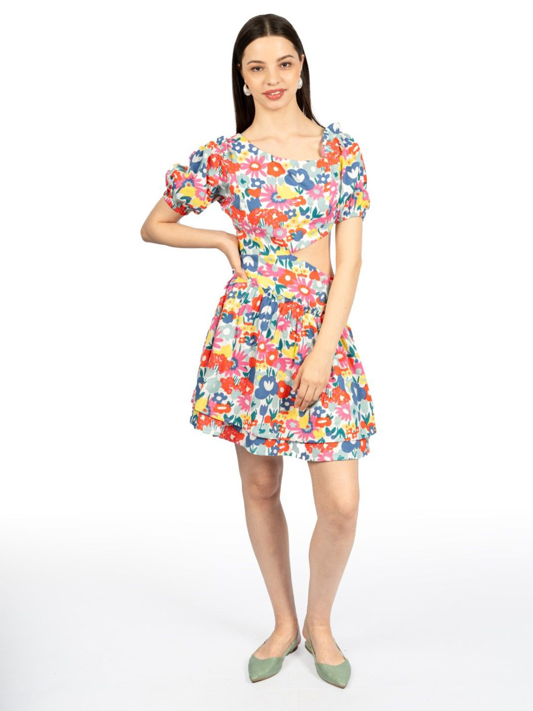 CORY EDGE Floral Print Puff Sleeve Fit & Flare Dress