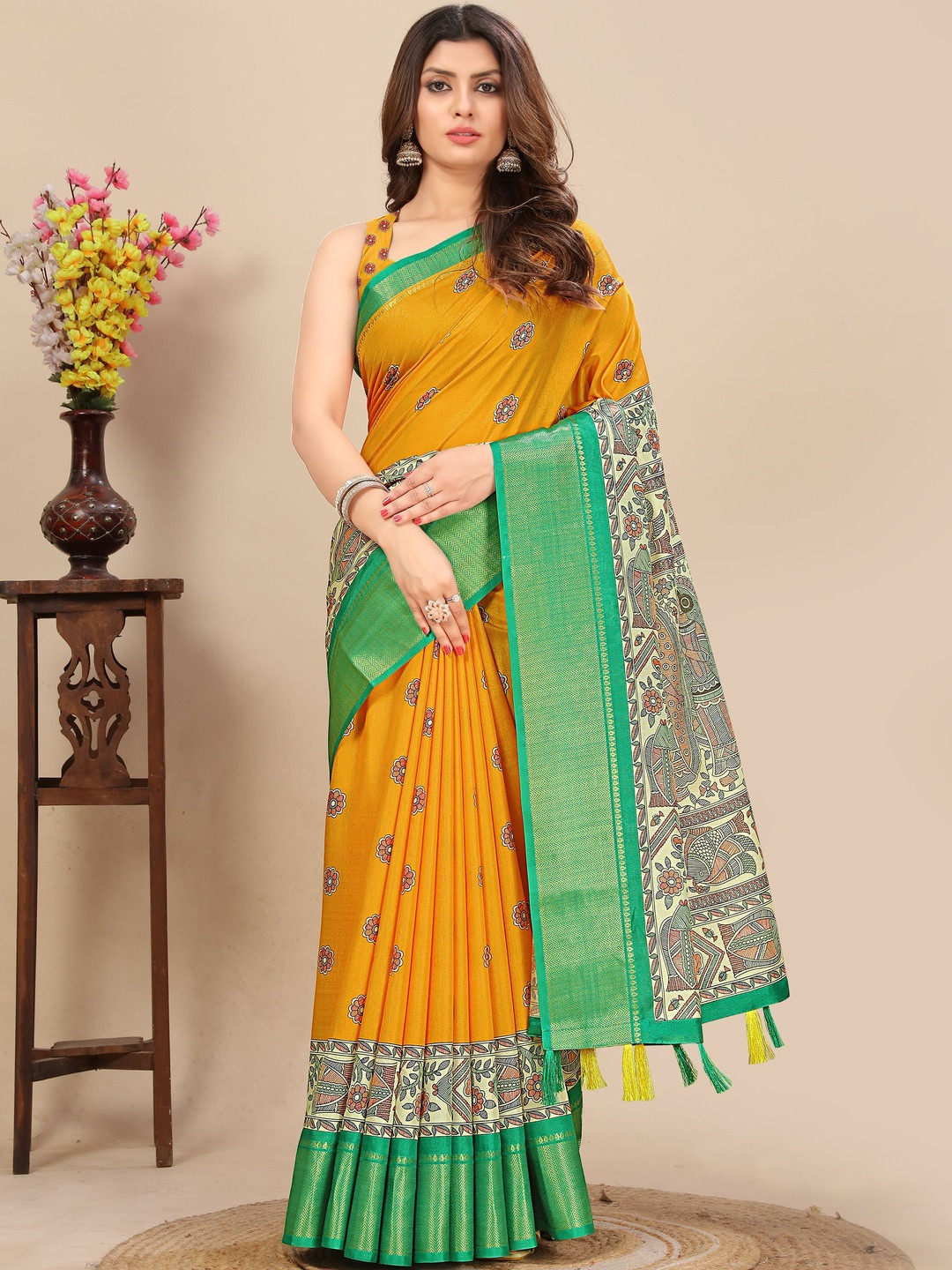 J 6 DESIGNER Ethnic Motifs Printed Silk Cotton Saree With Blouse Piece