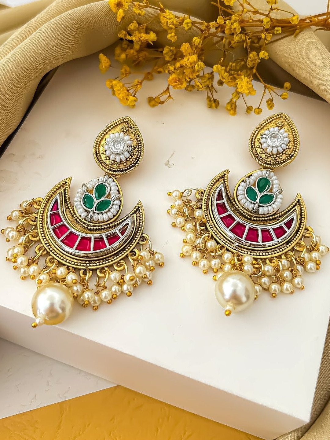 Zeviel Gold-Plated Kundan Chanbali Stud Earrings with Pearls Drop & Red-Green Accents