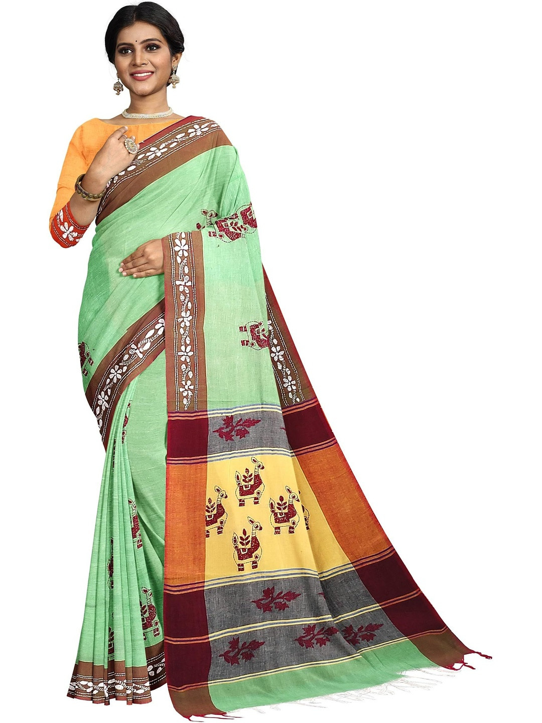 SOUL OF BENGAL Ethnic Motifs Kantha Work Pure Cotton Saree