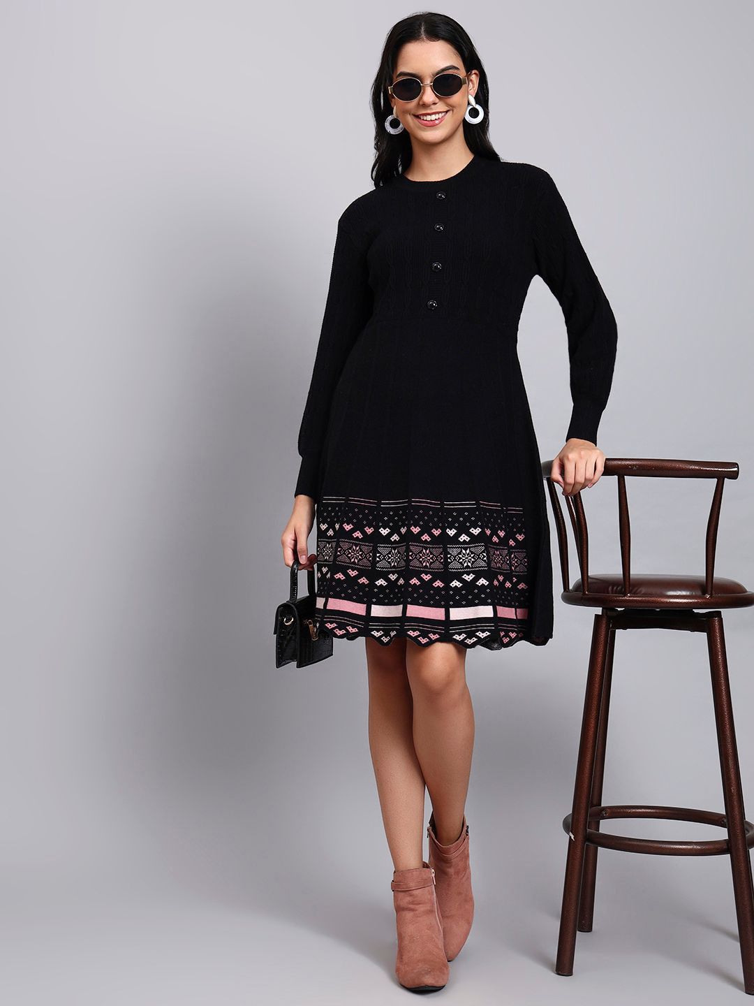 MODKLINE WITH MK Women Cable Knitted Printed Woollen Fit & Flare Dress