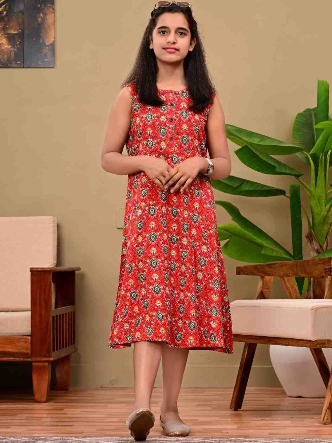 DMP EXPORT Girls Floral Printed Cotton A-Line Midi Dress