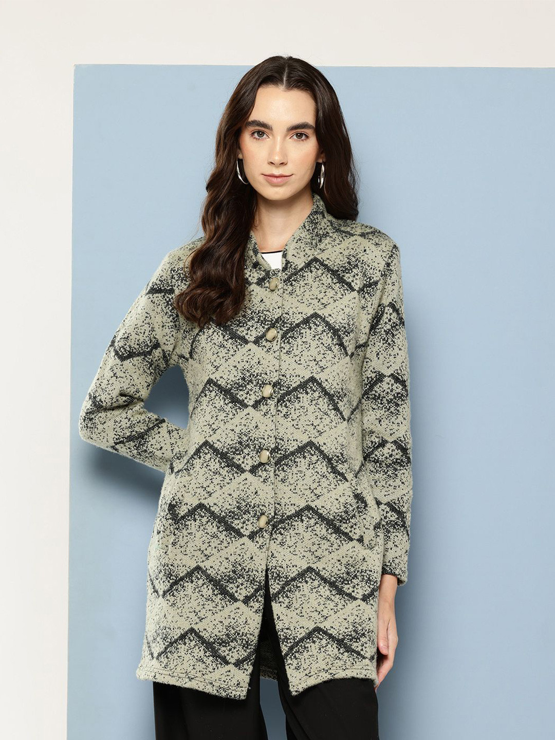 BAESD Women Abstract Self Design Full Sleeve Button Closure Woollen Regular Cardigan