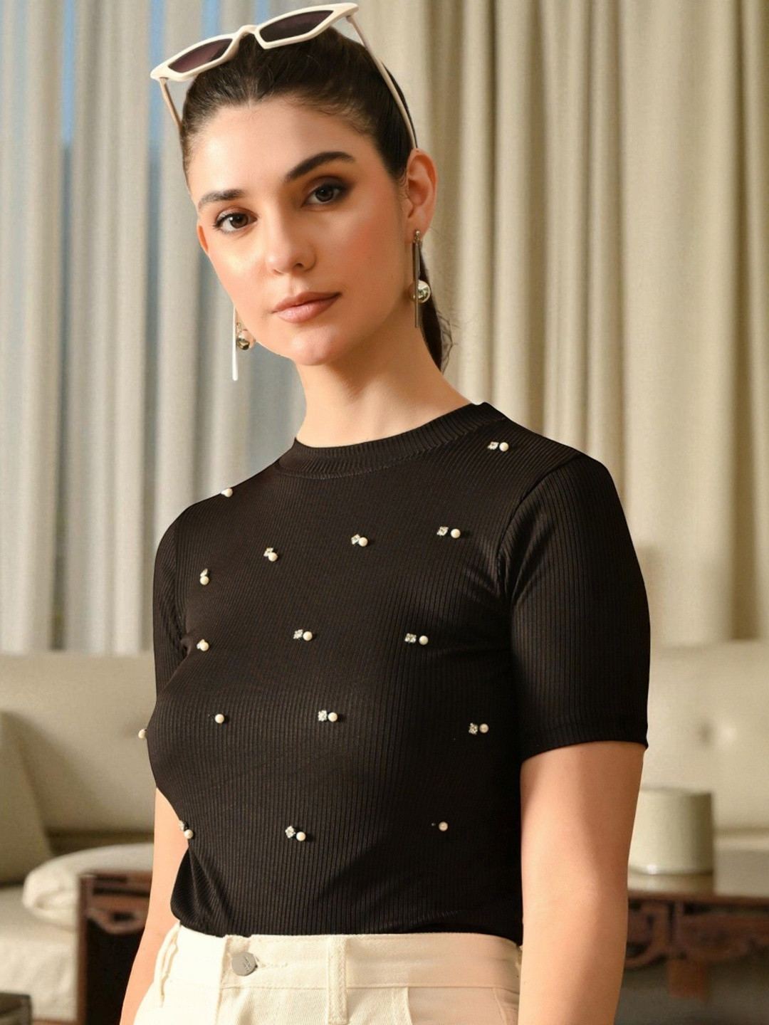 BAESD Embellished Ribbed Short Sleeve Fitted Top