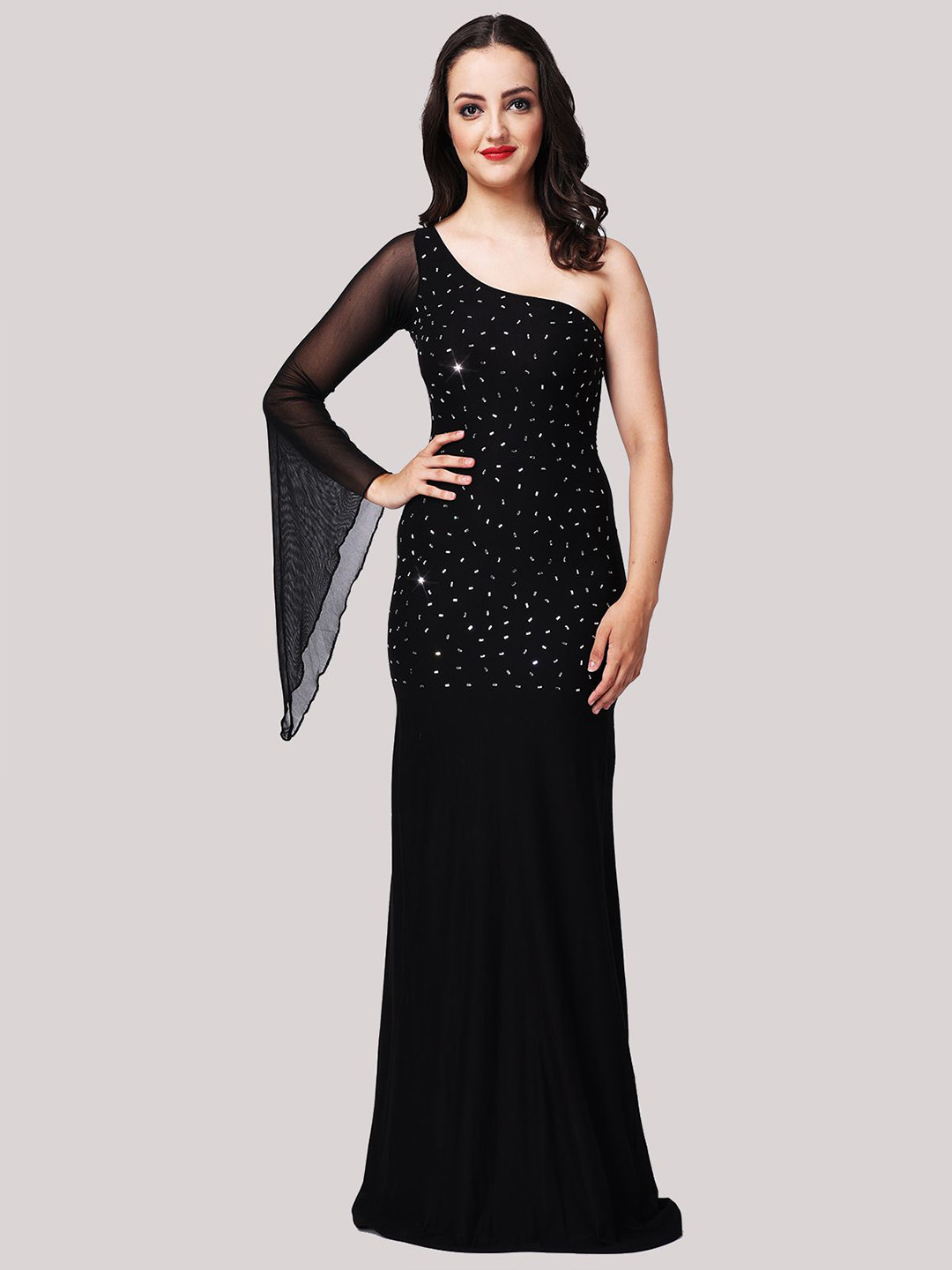 Lola  Dola One Shoulder Embellished Bell Sleeves Maxi Dress