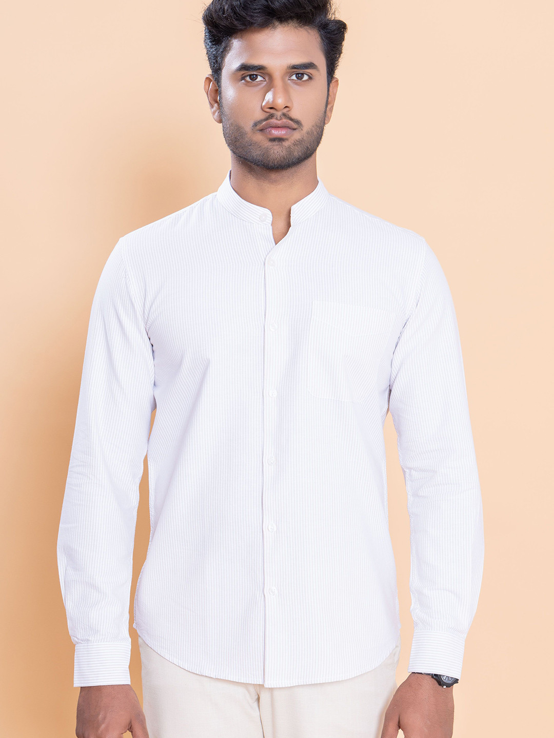 Native Bull Classic Fit Vertical Striped Band Collar Cotton Casual Shirt