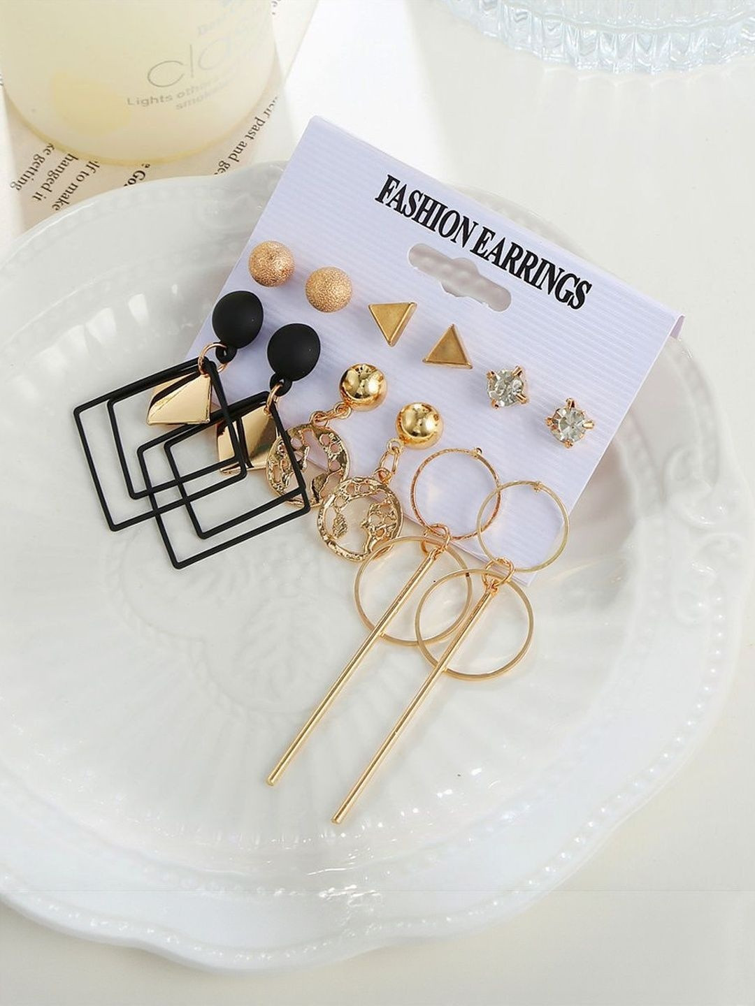 DressBerry Women Set Of 6 Gold-Plated Alloy Heart Star Studs and Chain Hoop Earrings