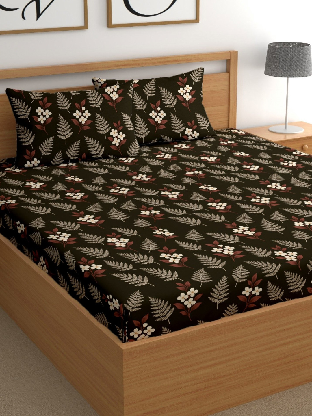 CG HOMES Brown Floral 180 TC Cotton Double Bedsheet With 2 Pillow Covers 2.20 m x 2.20 m