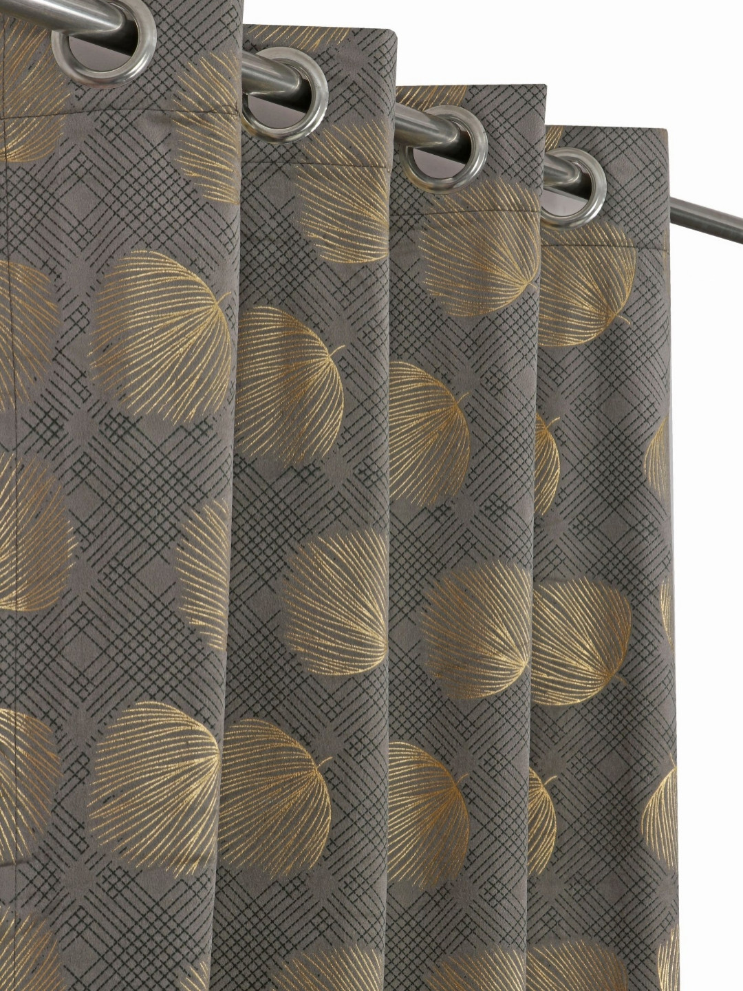 GEET CREATIONS Grey And Gold Toned Room Darkening Velvet Window Curtain
