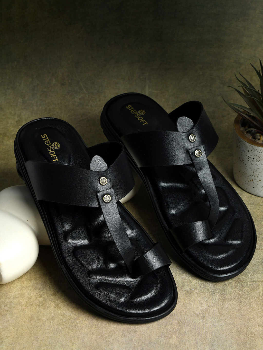 STEPSOFT Men Open Toe T-Strap Flats