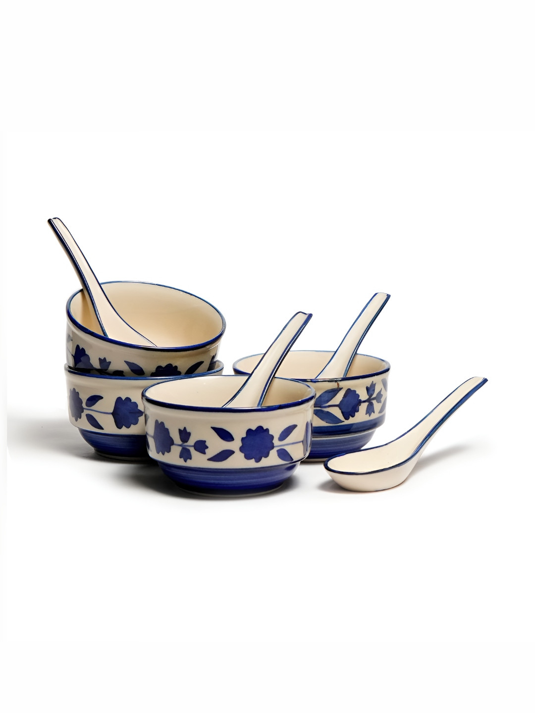 yourowndcor White & Blue 8 Pieces Ceramic Dishwasher Safe Serving Bowl with Spoons