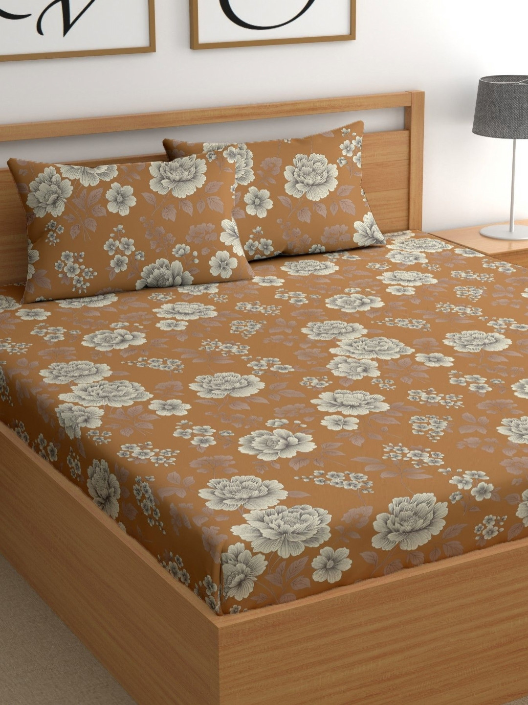 CG HOMES Brown Floral 180 TC Cotton Double Bedsheet With 2 Pillow Covers 2.20 m x 2.20 m