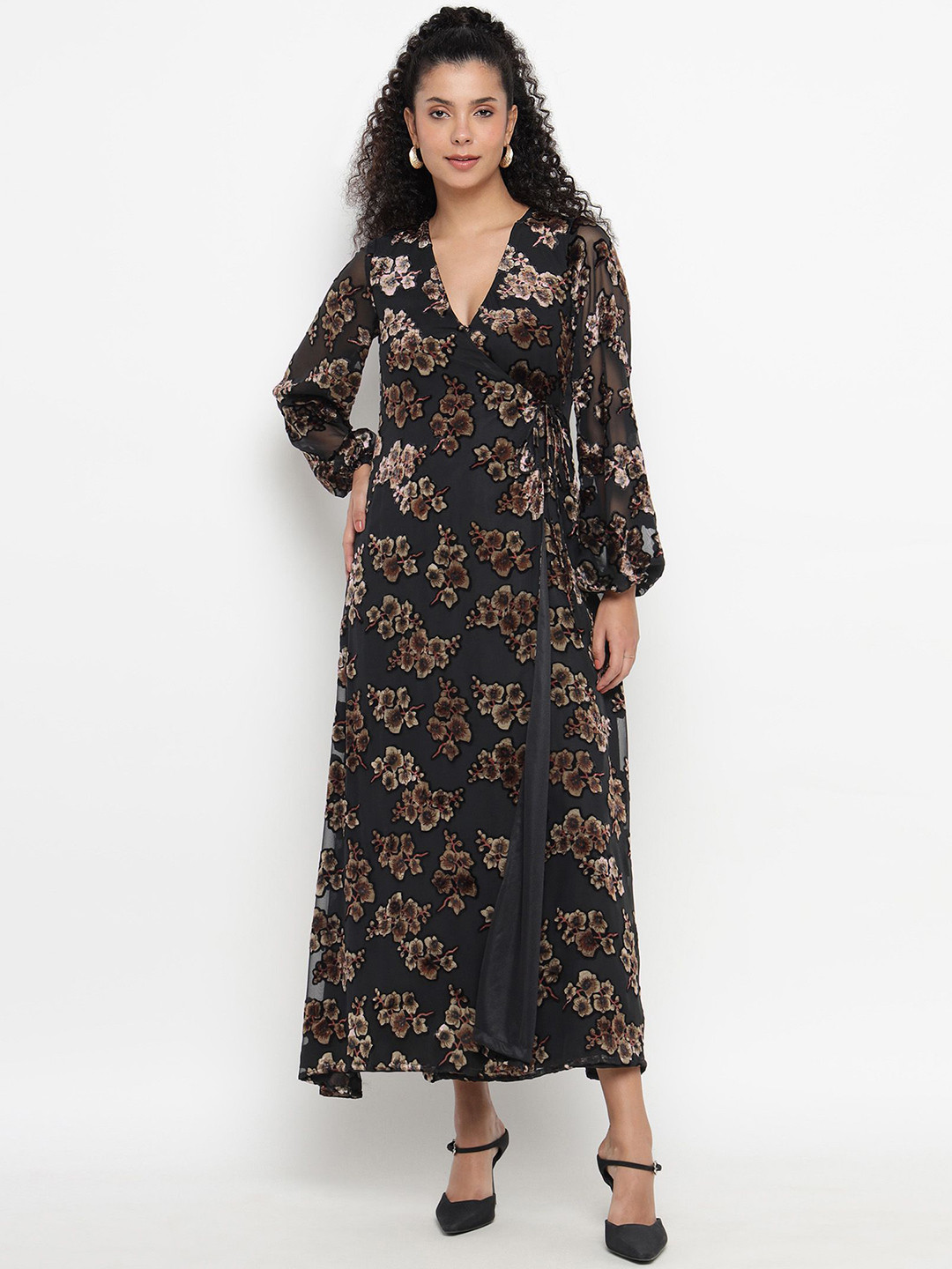 theulluu.com Women Floral Printed Velvet Maxi WrapDress