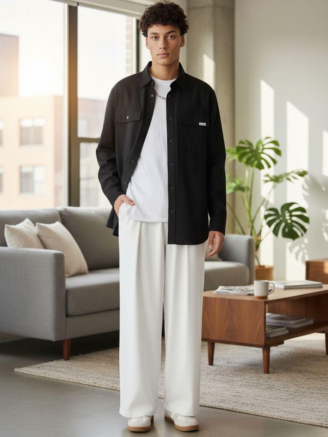 BROADSTAR Men Relaxed Straight Leg Straight Fit Easy Wash Pleated Korean Pants