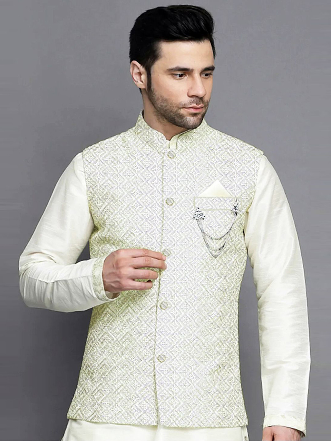 Utsav Fashion Embroidered Georgette Nehru Jacket in White