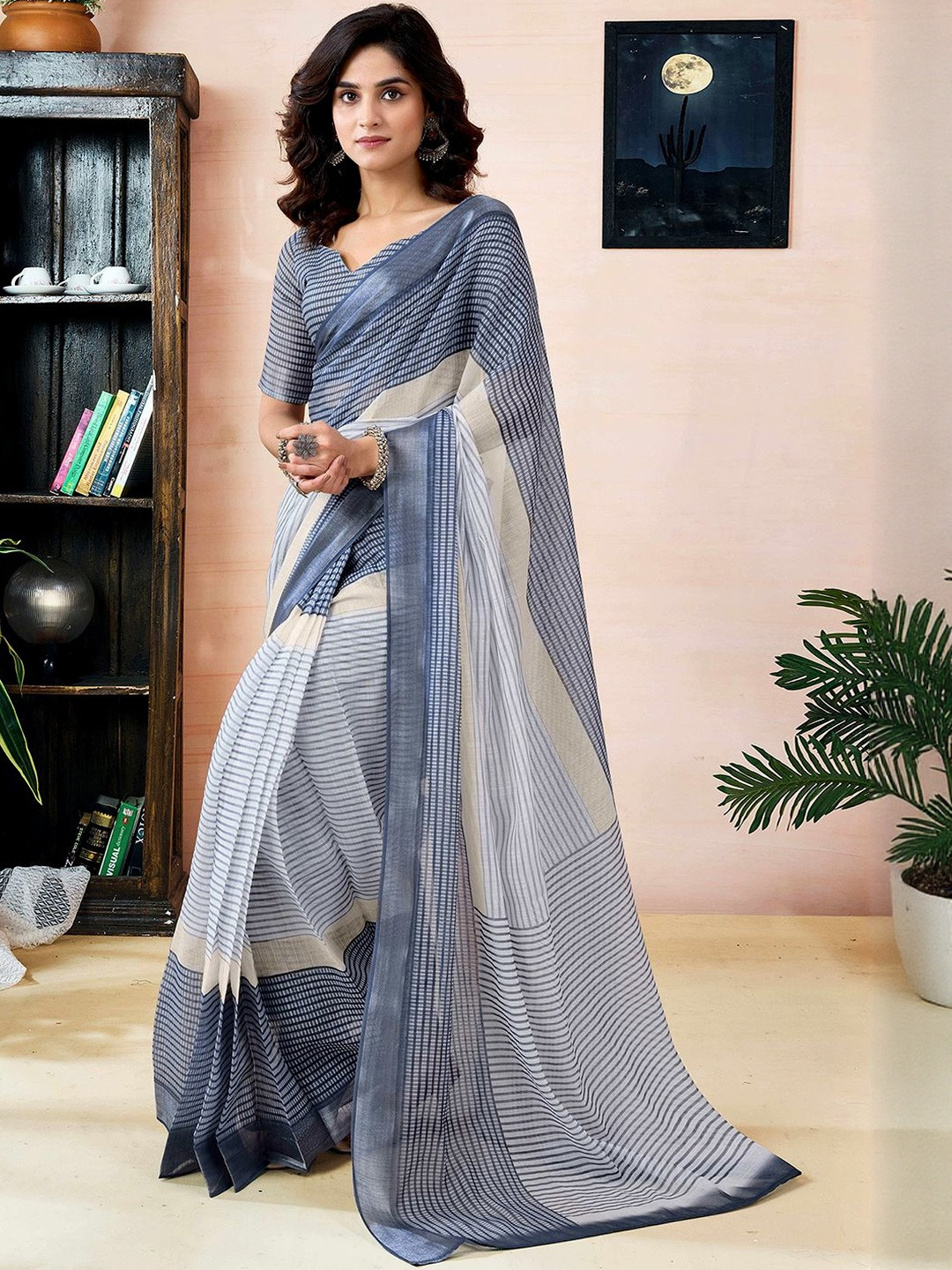 Sanisa Printed Women Grey Linen Ready to wear saree for Women With Unstiched Blouse
