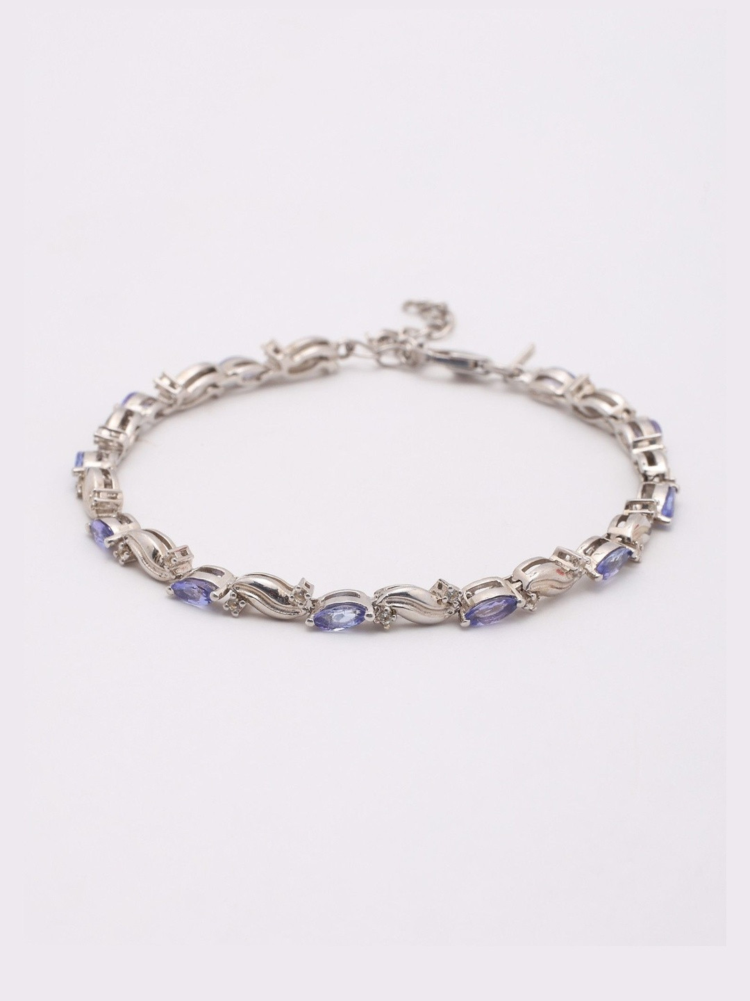 Exotic India Women Sterling Silver Marquise Cut Tanzanite Wave CubicZirconia Link Bracelet