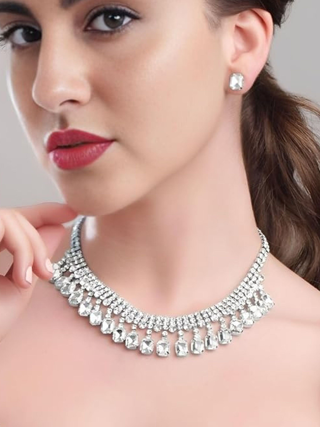 MANSIYAORANGE Rhodium Plated Crystal AD Studded Necklace and Earrings