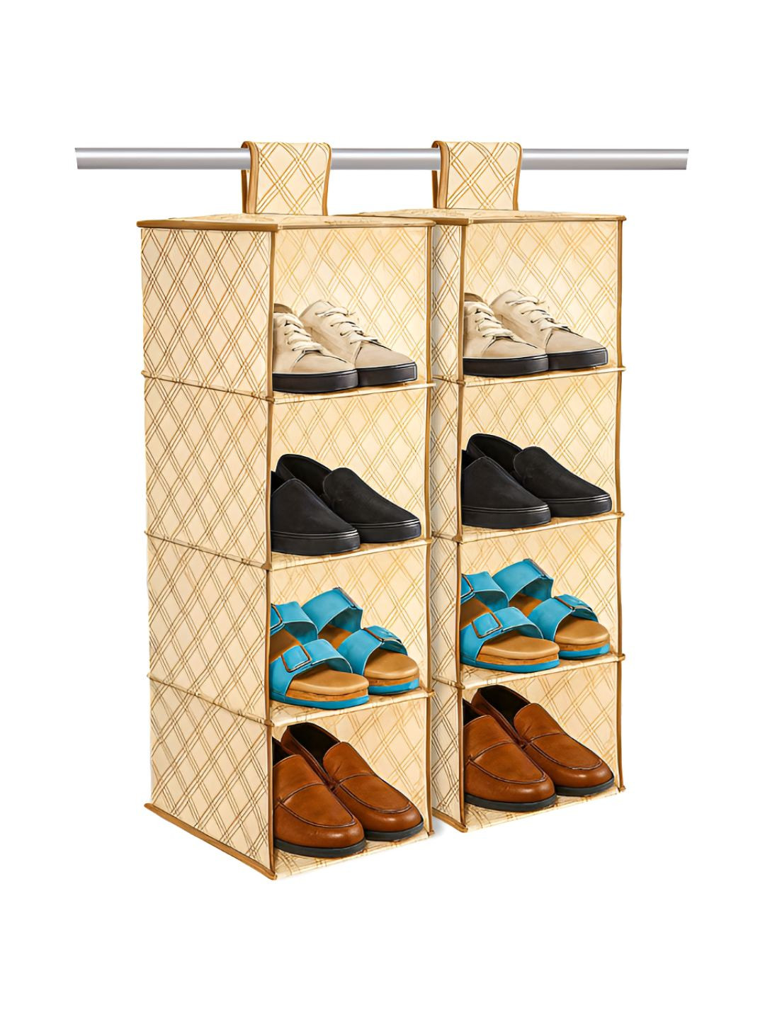 Kuber Industries Cream Coloured 2 Pieces 4 Shelf Closet Hanging Shoe Rack Organizers
