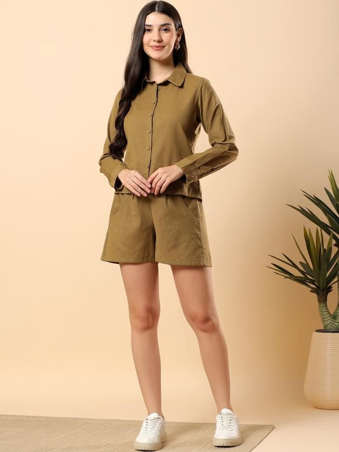 HERE&NOW Green Cotton Flex Solid Shirt With Short Pants Set