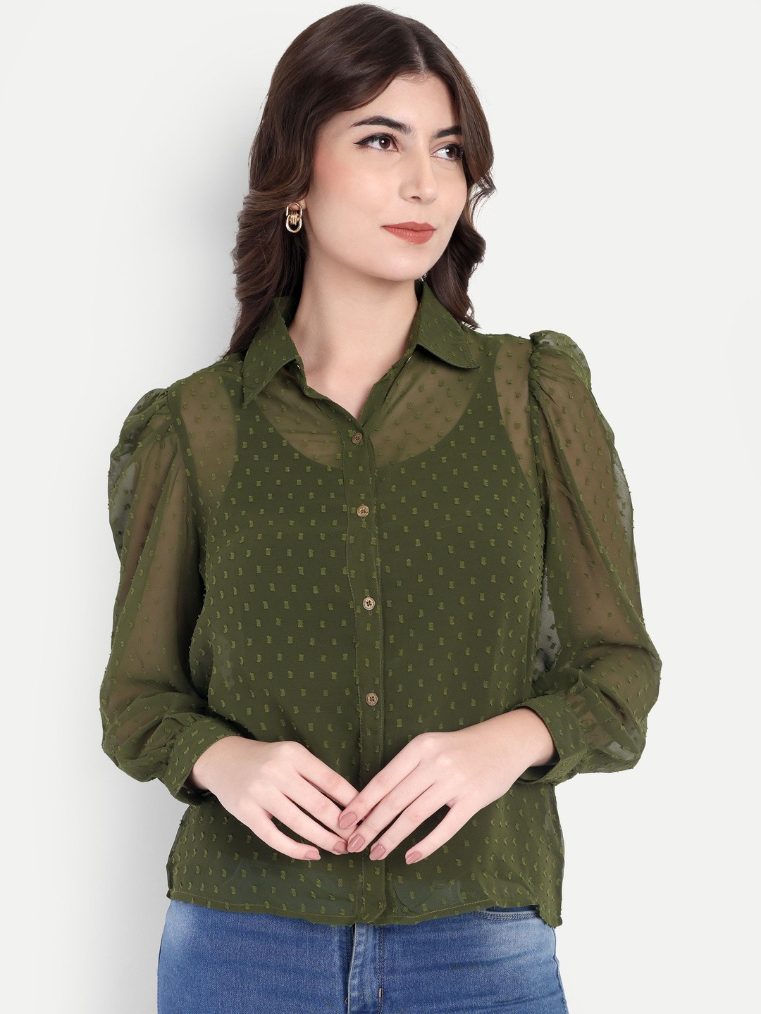 R.Code by The Roadster Life Co. Shirt Collar Puff Sleeves Self Design Textured Top