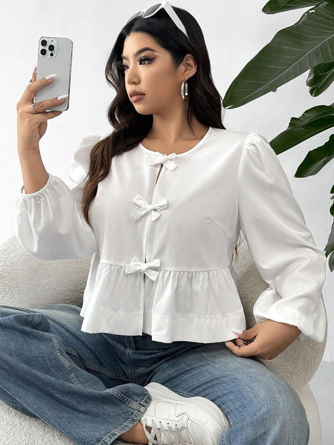 StyleCast Puff Sleeves Bow Tie-Up Peplum Top