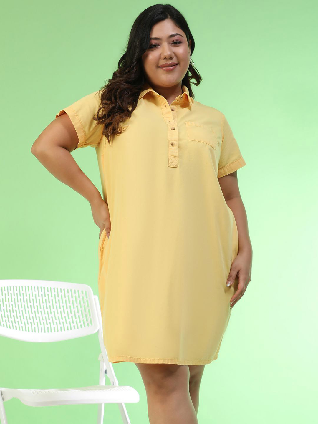 Oxolloxo Plus Size Shirt Collar Cotton Shift Dress