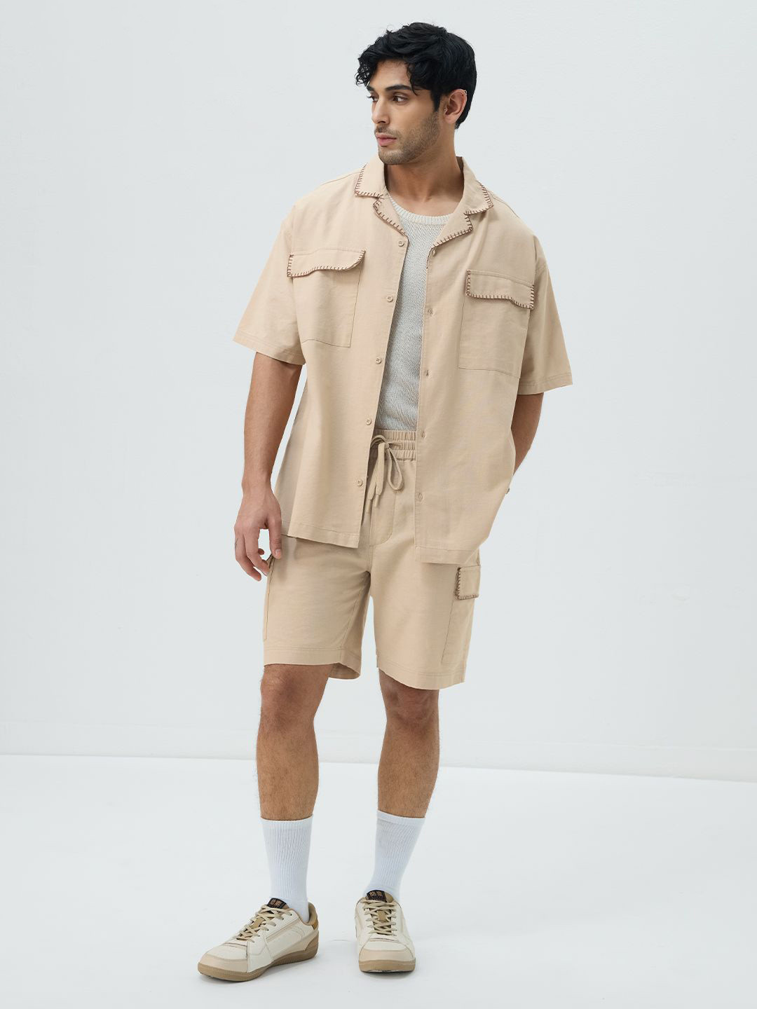 The Souled Store Men Sand Dune Mid-Rise Regular Fit Casual Cargo Shorts