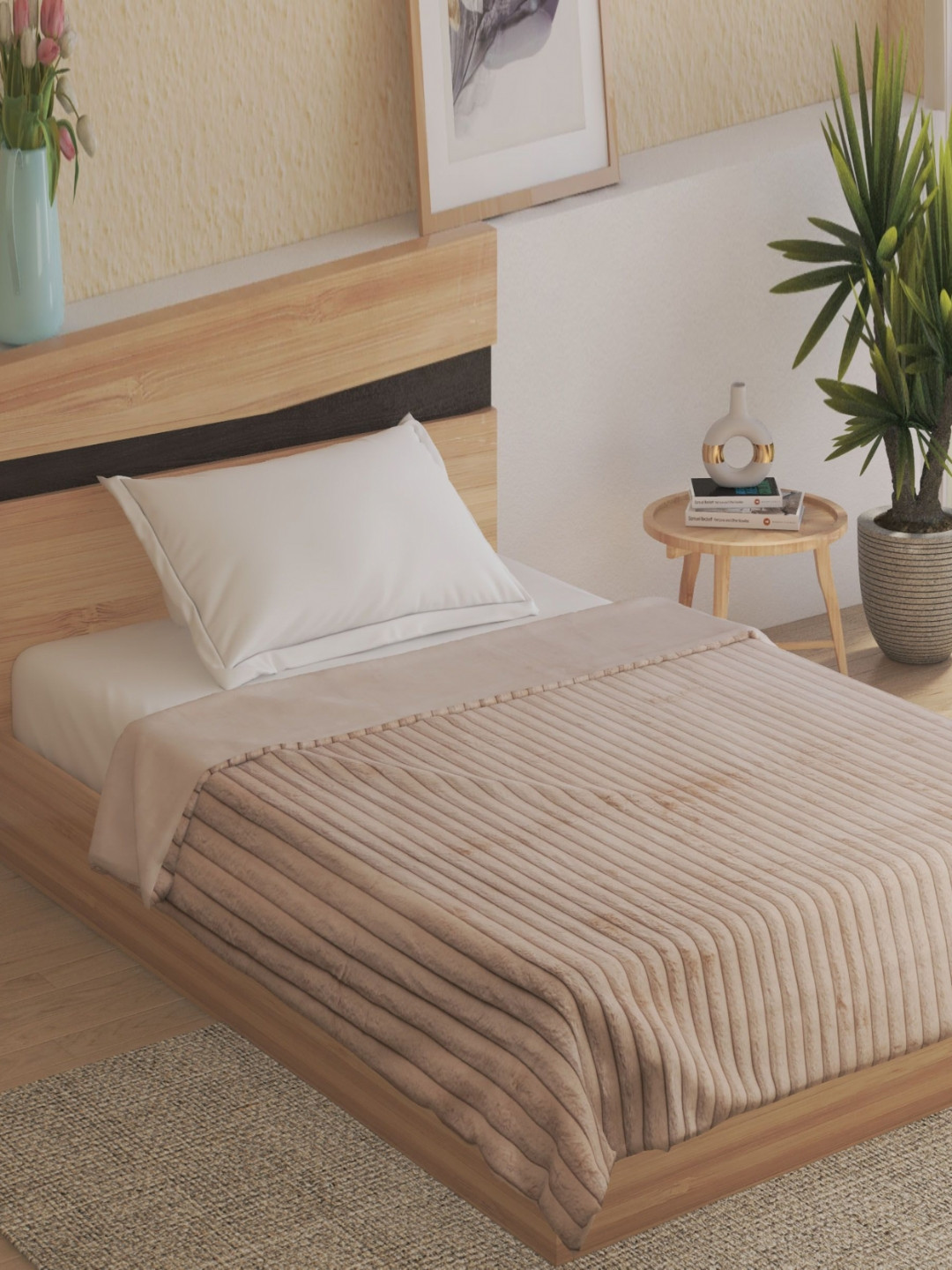 Home Centre Brown Striped AC Room 400 GSM Single Bed Blanket