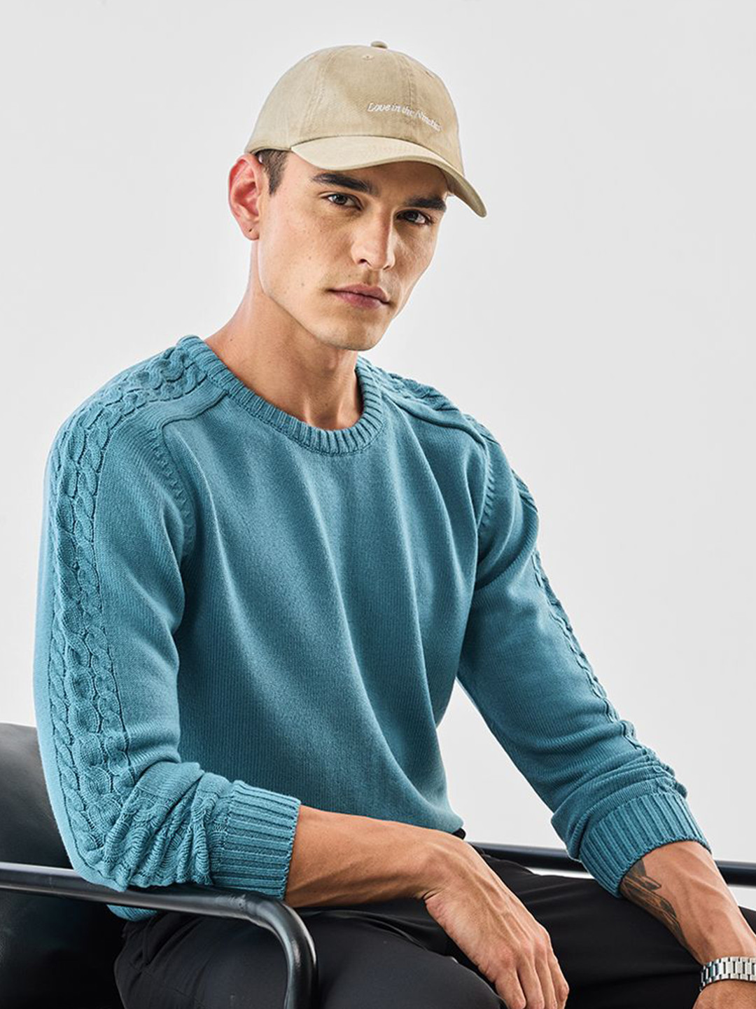 Snitch Men Blue Cable Knit Sweaters