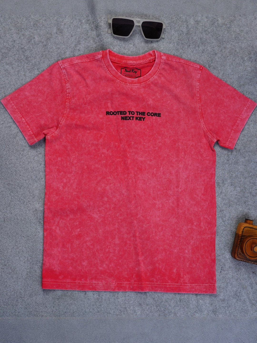 NEXT KEY Boys Washed Effect Puff Print Round Neck Bio Finish Denim T-shirt