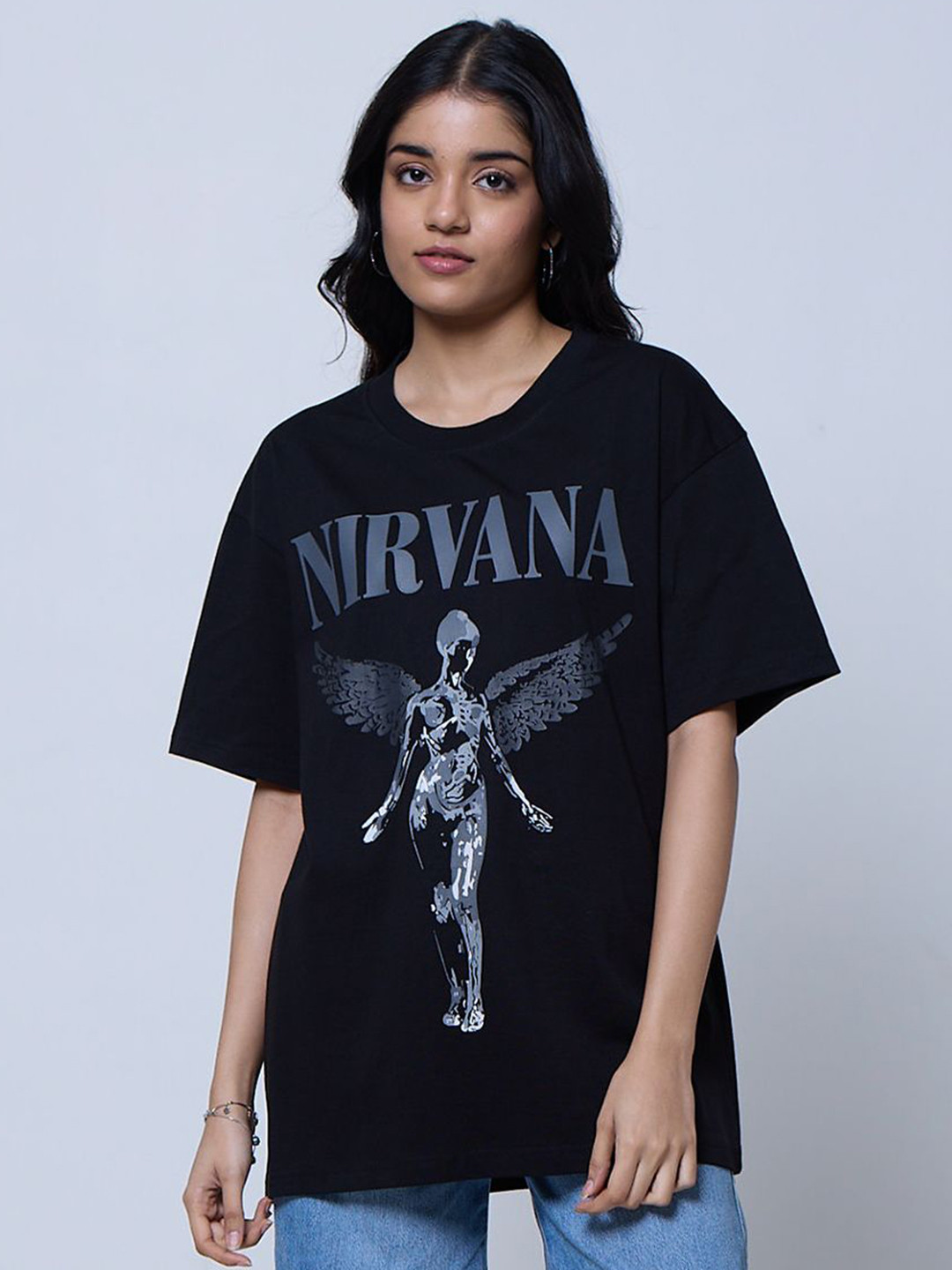 LoveDky Nirvana Printed Round Neck Drop-Shoulder Sleeves Cotton Oversized T-shirt