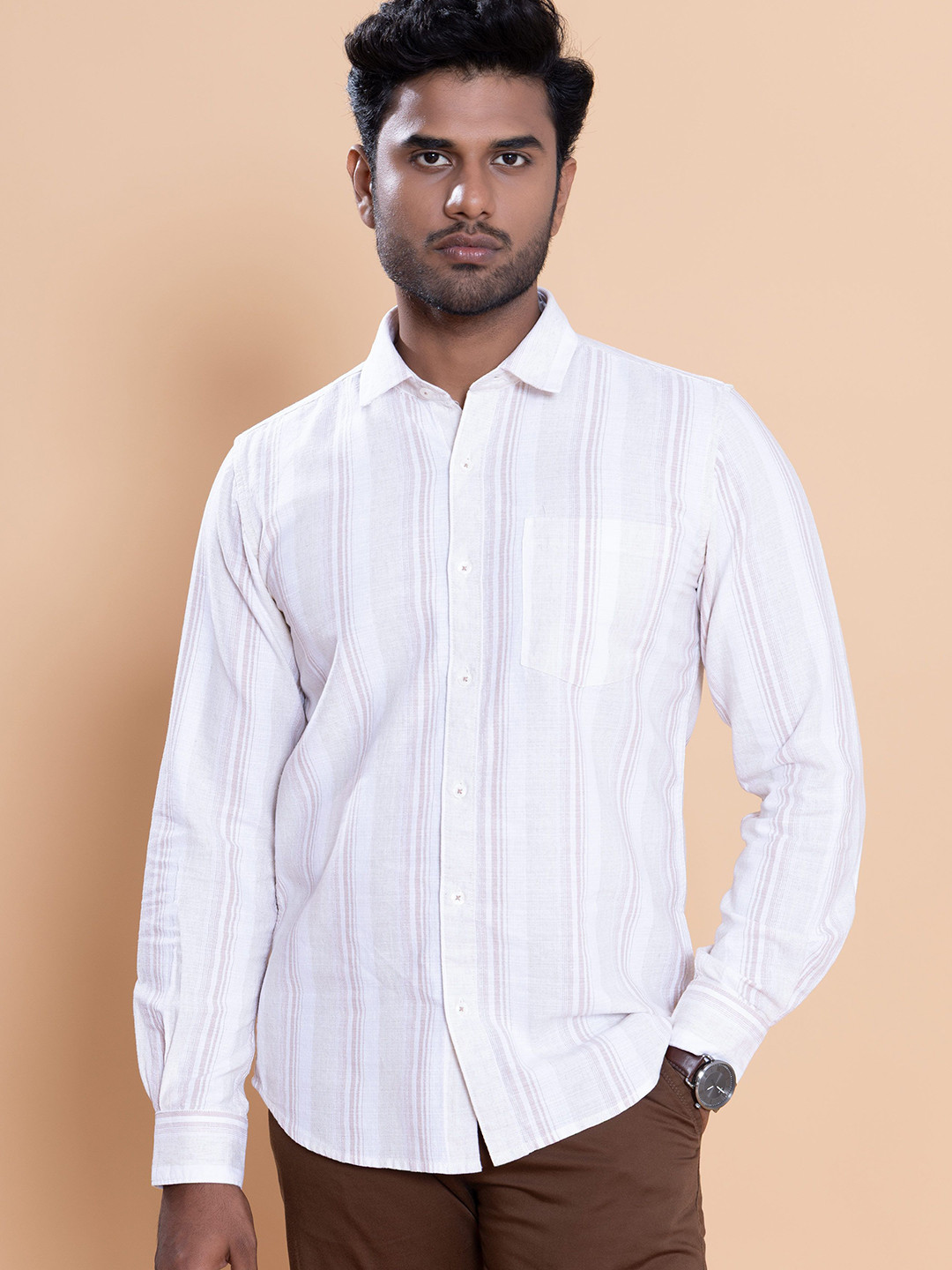 Native Bull Men Classic Fit Vertical Striped Spread Collar Cotton Casual Shirt