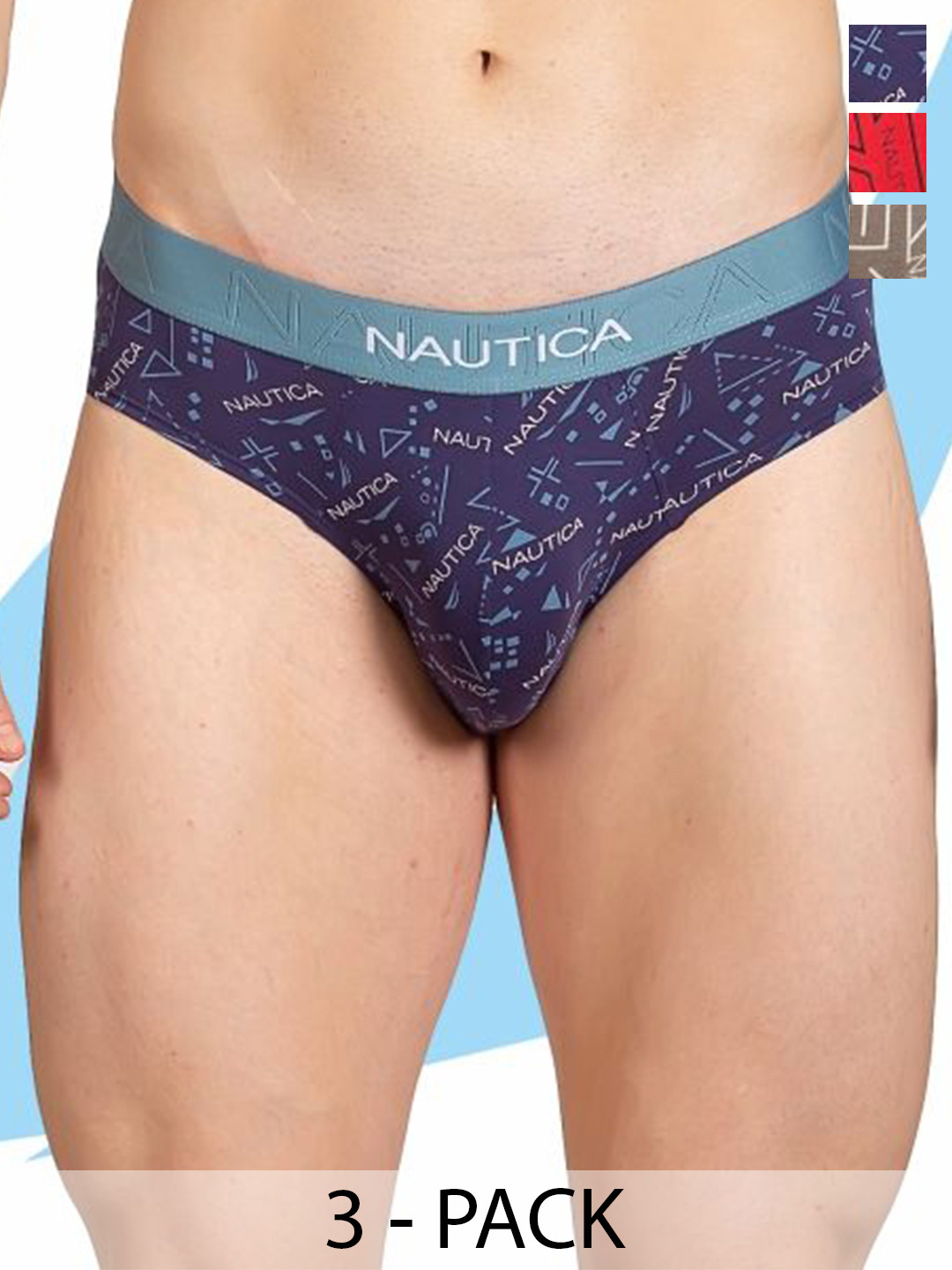 Nautica Pack Of 3 Printed Anti-Bacterial Basic Briefs N_LJABF01-RCRD/GMTL/PBLU_S
